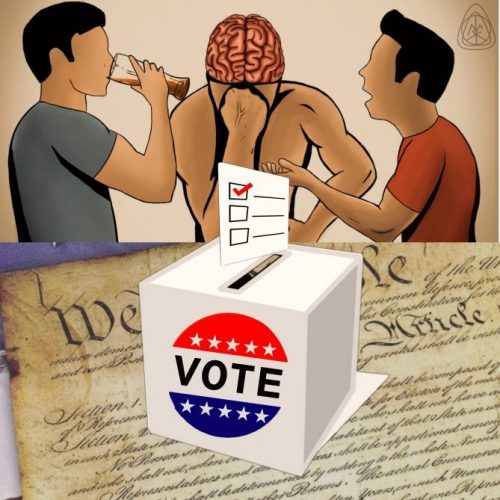 Ballot box on top of US Constitution and Thunken Philosofers logo