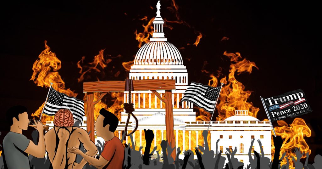 Fire and rioters around the Capitol Building